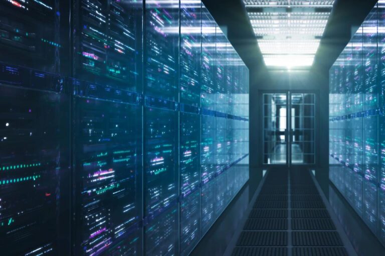 Server room with glowing lights