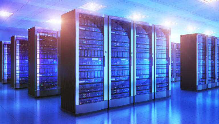 Rows of server racks in a data center with blue lights