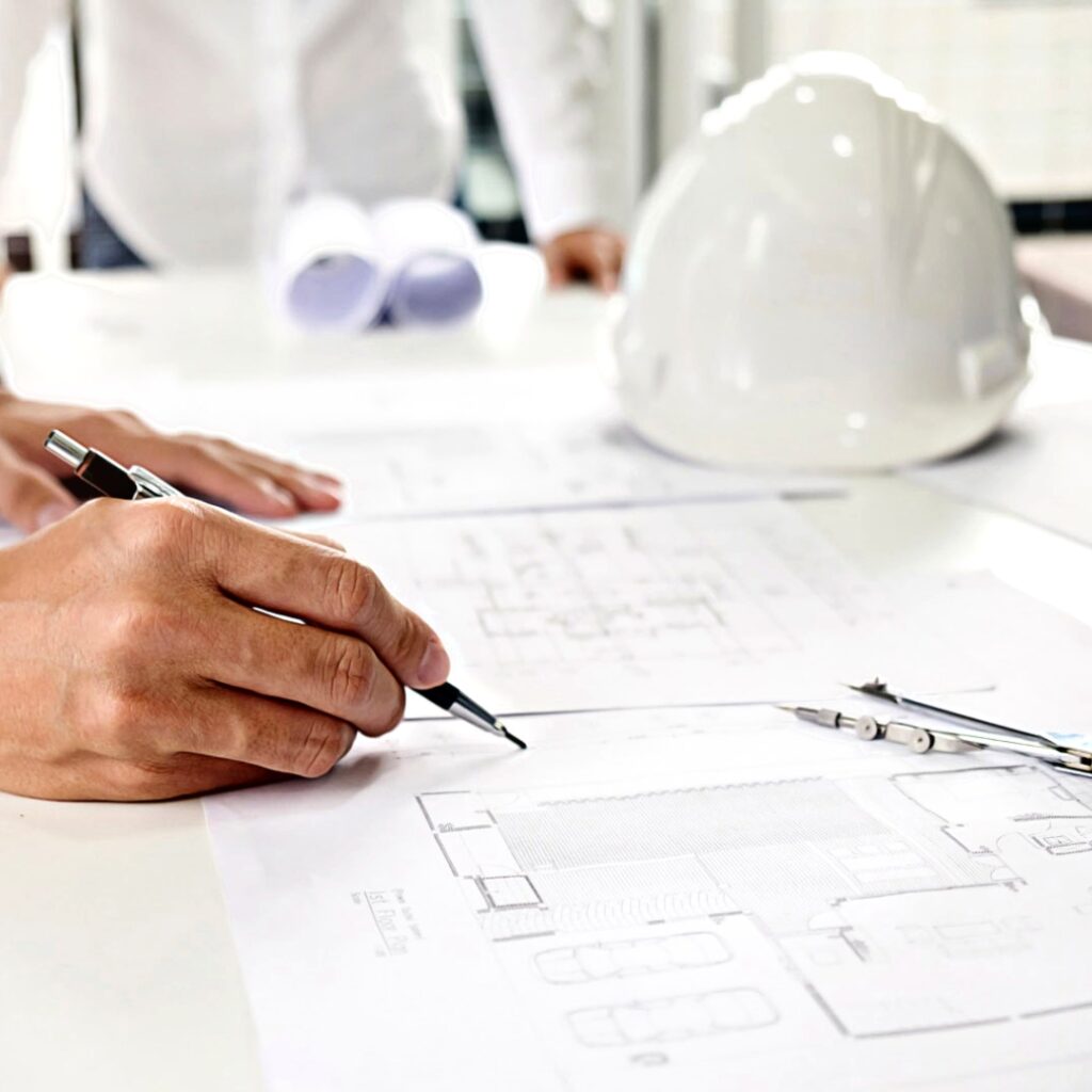 Hands sketching architectural plans, helmet on desk