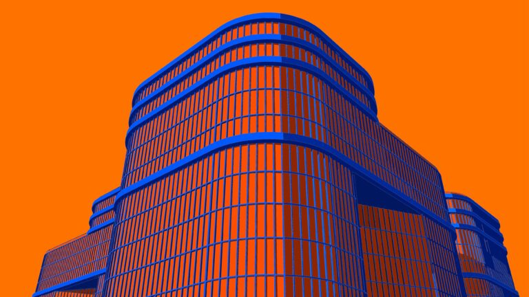 Modern blue and orange glass building