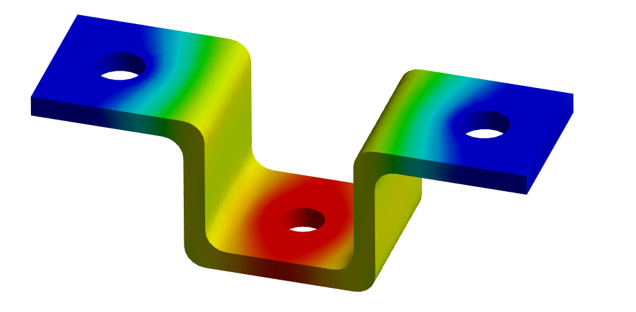 finite element analysis 3D FEA model showing stress distribution on metal bracket