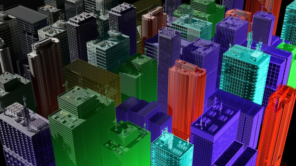 Colorful 3D city model with buildings