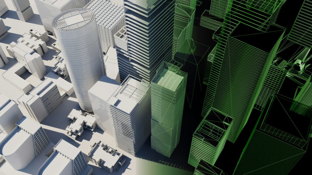 3D city model: rendered and wireframe buildings - building performance simulation