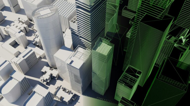 3D city model: rendered and wireframe buildings - building performance simulation