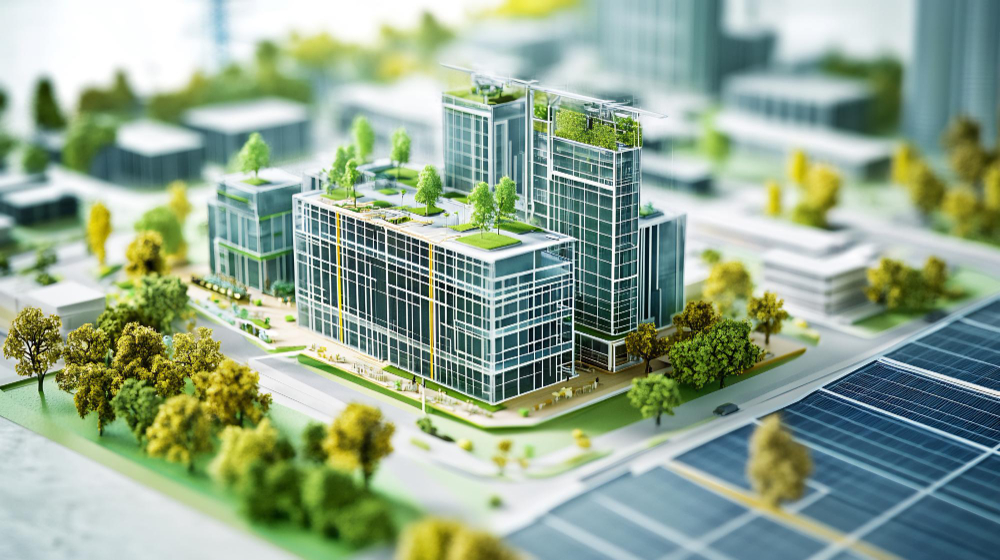 Modern green building with solar panels