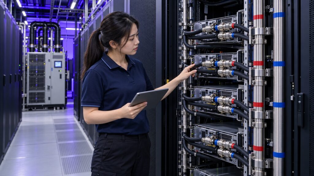 Liquid Cooling for Data Centres - Technician checks server racks in data center